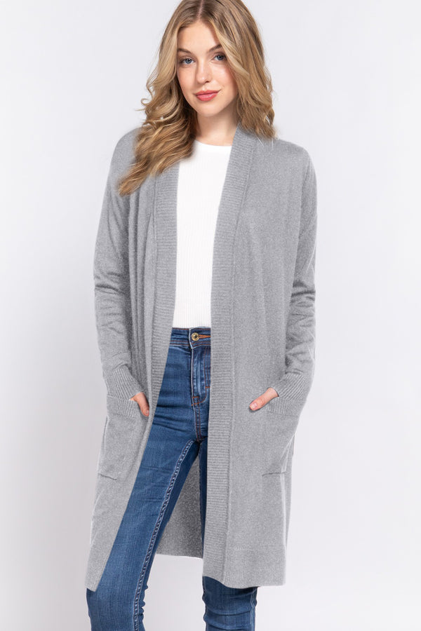 Viscose Blend Open Front Ribbed Long Sleeve Cardigan with Stretch