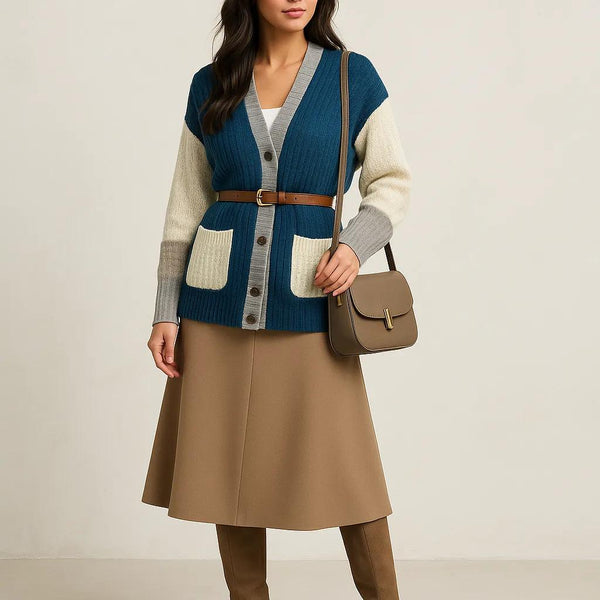 Petite Women's Cozy Color Block Cable-Knit Cardigan Sweater with Button Closure – Fall’s Favorite Layer