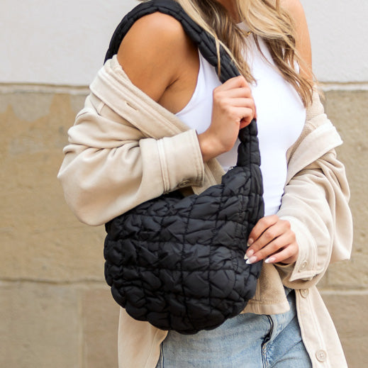 Dale Quilted Puffer Shoulder Bag in True Black with Silver Hardware and Twisted Strap