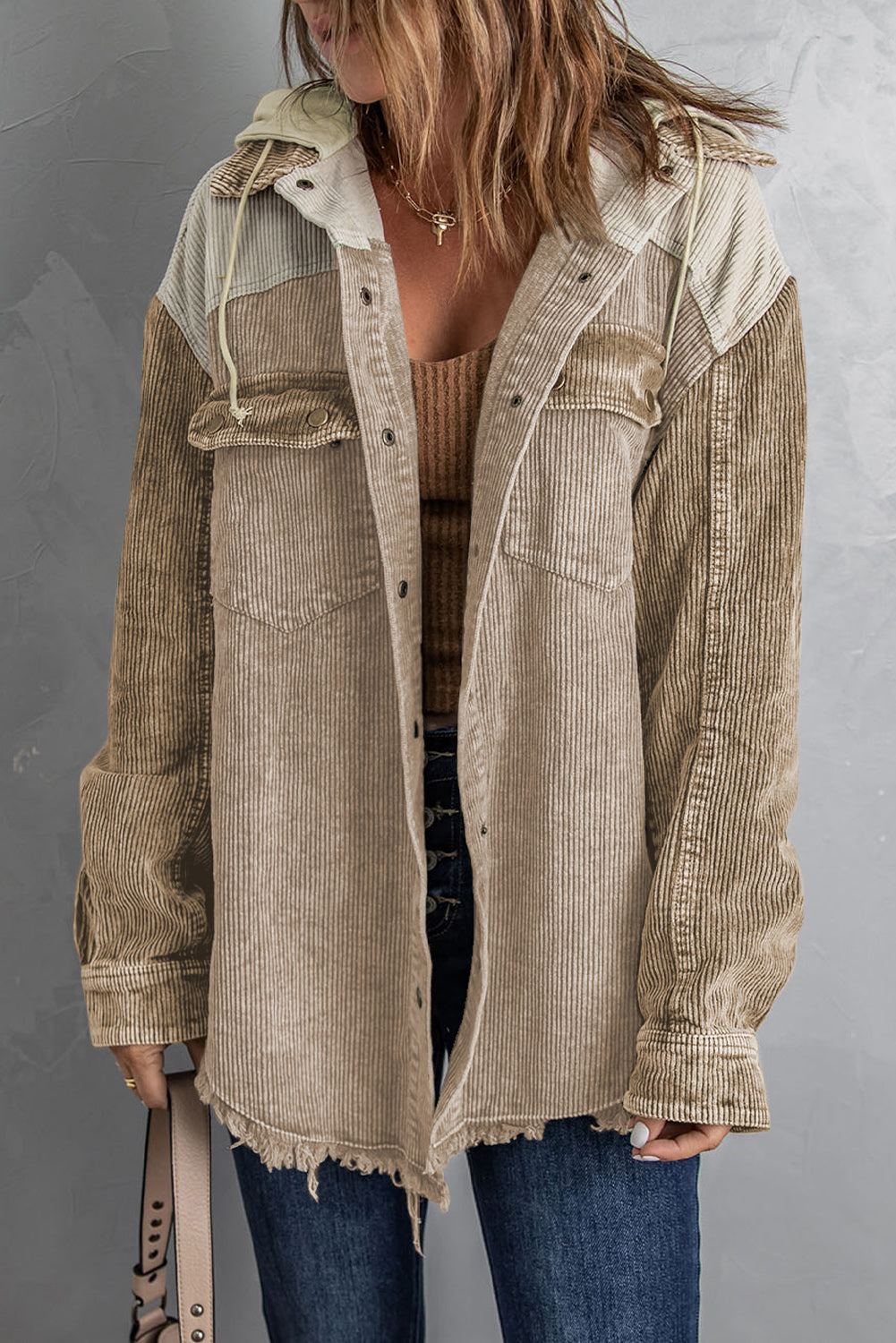 Drawstring Pockets Corduroy Shacket Relaxed Vibe Hooded Cardigan