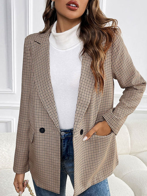 Perfee Plaid Long Sleeve Blazer with Lapel Collar and Buttoned Pockets