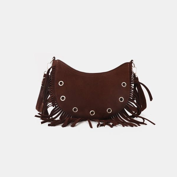 Suede Leather Crossbody Bag with Adjustable Strap and Fringe Detail