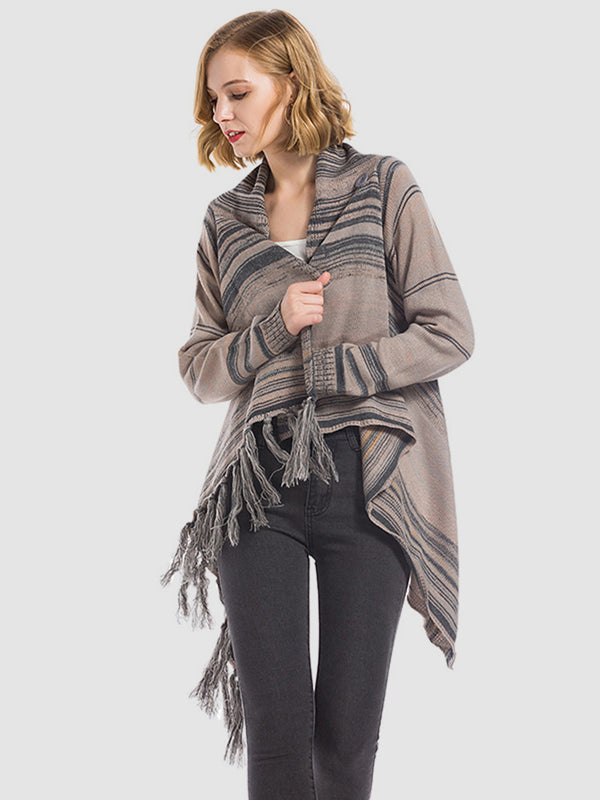 Acrylic Tassel Striped Open Front Long Sleeve Lightweight Cardigan