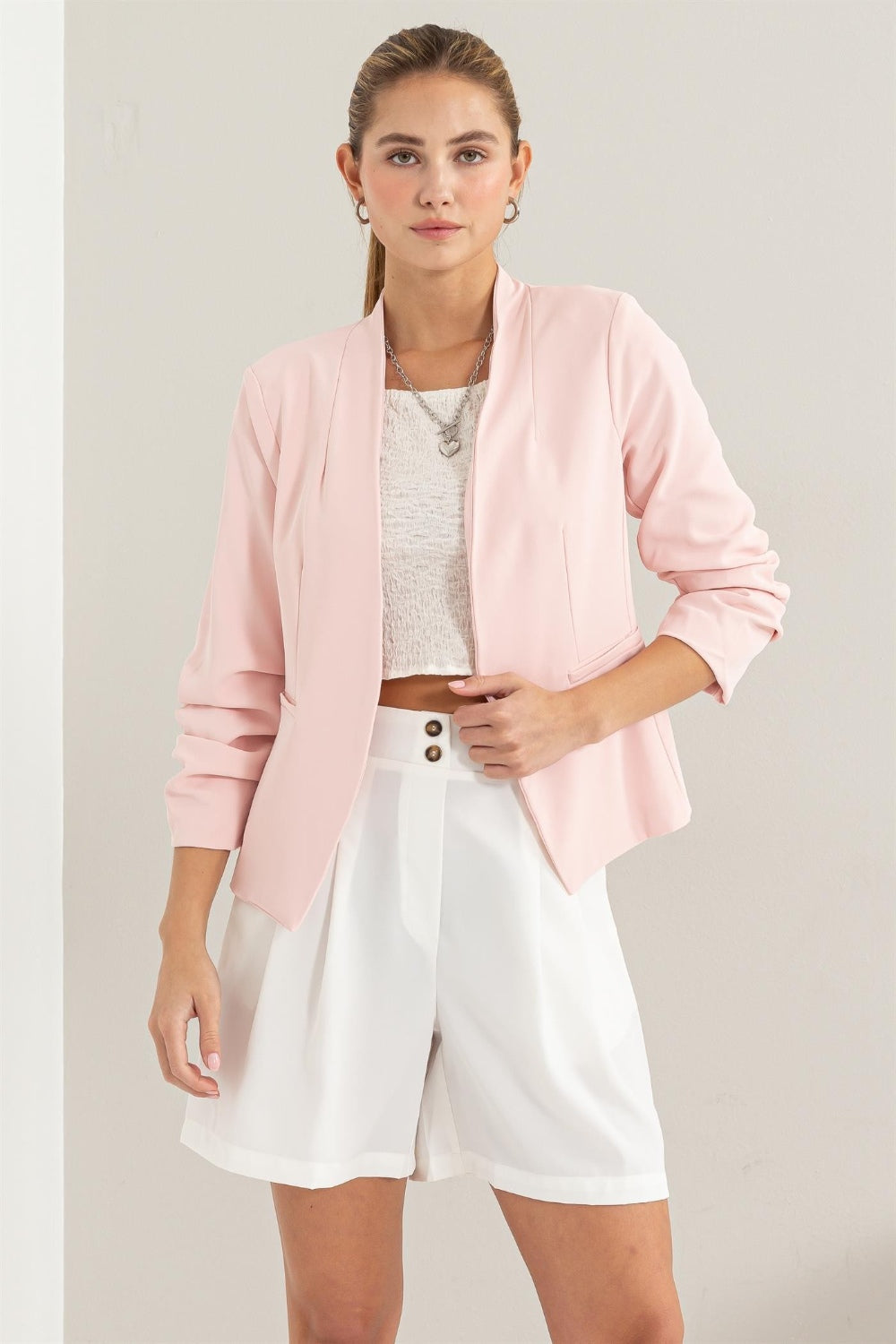 Women's Ruched Sleeve Blazer Open Front Cardigan Outwear Top