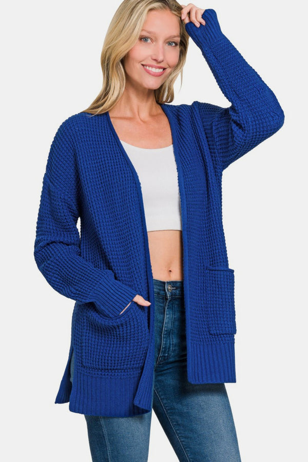 Waffle Knit Open Front Cardigan with Pockets in Lightweight Acrylic