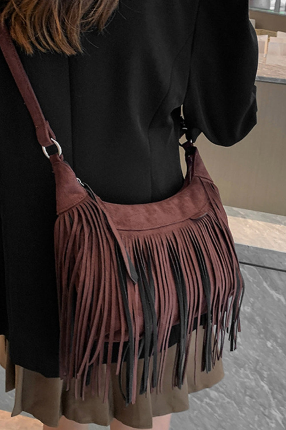 Suede Fringe Adjustable Strap Shoulder Bag - Bohemian Chic Flavor!