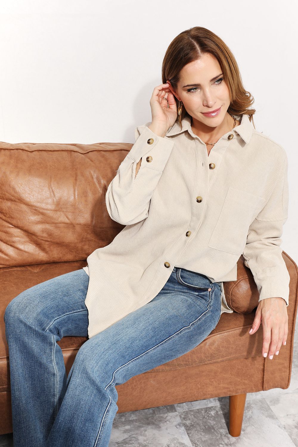 Women's Corduroy Tunic Shirt with Bust Pocket & Oversized FitNew