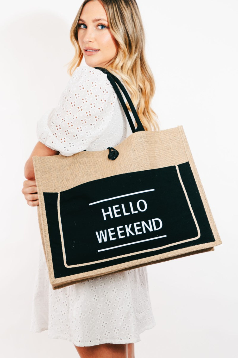 Fame Hello Weekend Burlap Tote Bag - Versatile and practical!