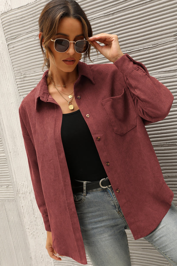 Womens Curved Hem Long Sleeve Button Front Corduroy Jacket Cardigan