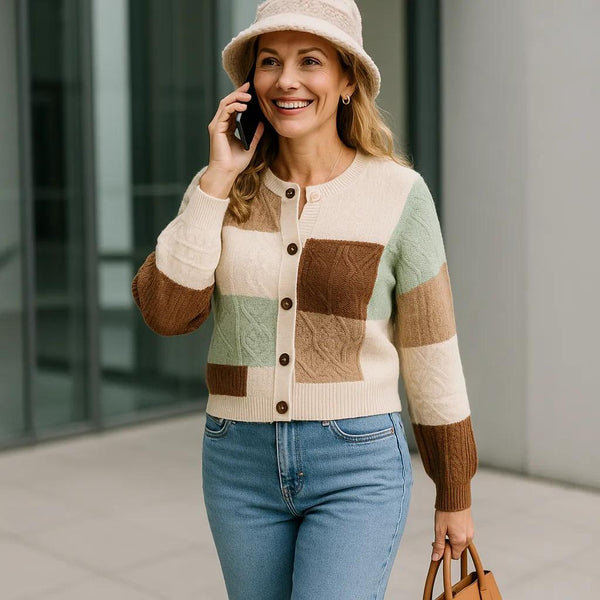 Women’s Petite Color Block Cardigan Sweater – Textured Knit, Long Sleeve, Stylish Fall/Winter Layer