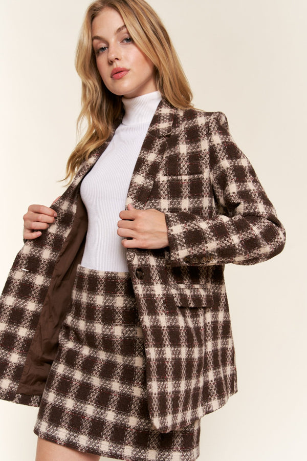 Women's Full Size Plaid Brushed One Button Blazer NewArrival