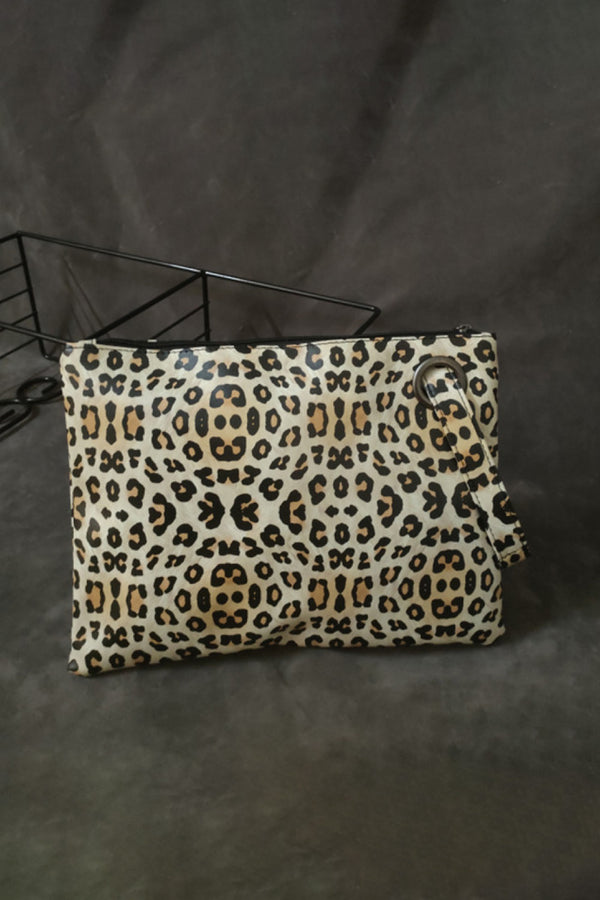 Leopard Print Vegan Leather Clutch Medium Wristlet with Zipper Closure