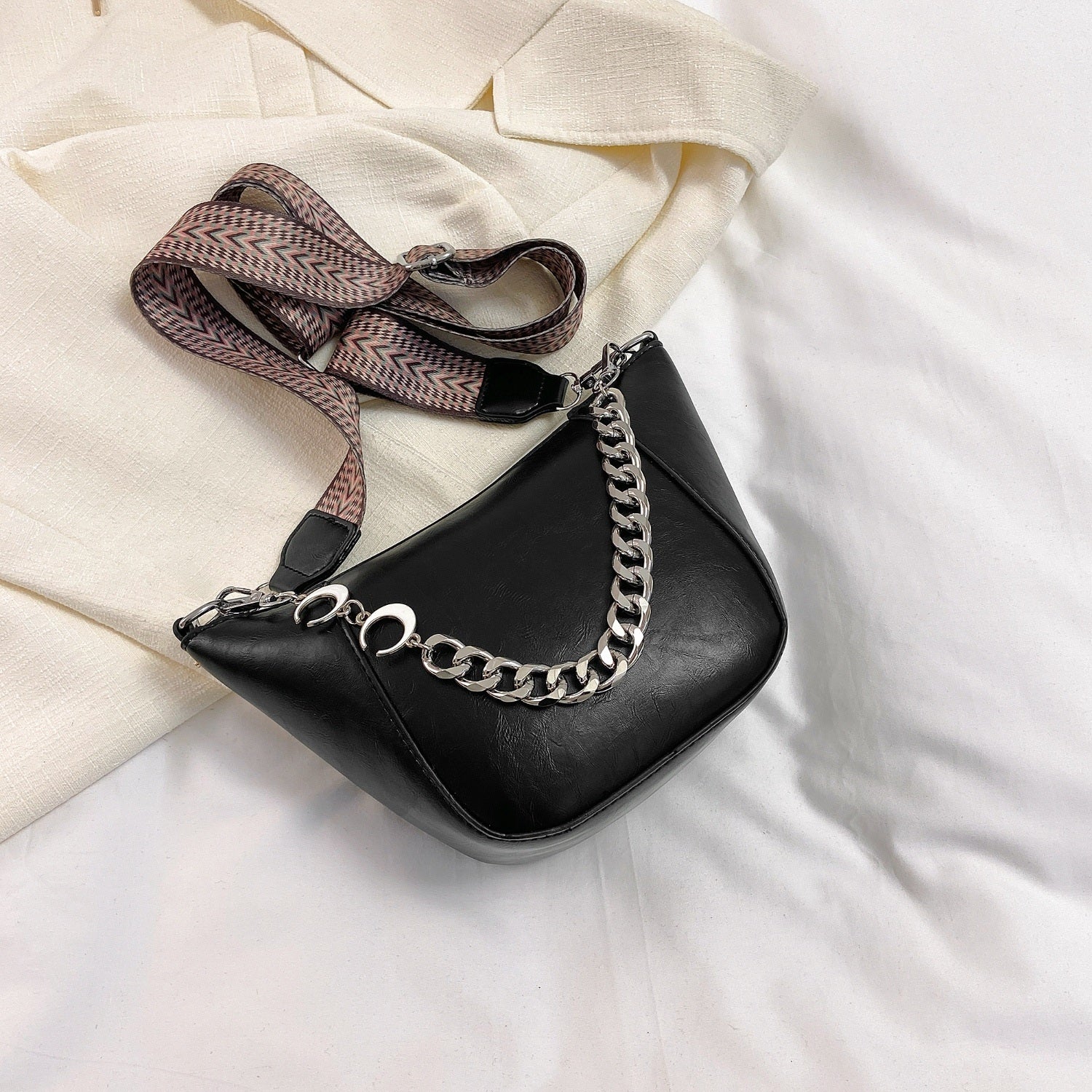 Vegan Leather Chain Trim Crossbody Bag - For those Casual Outings!