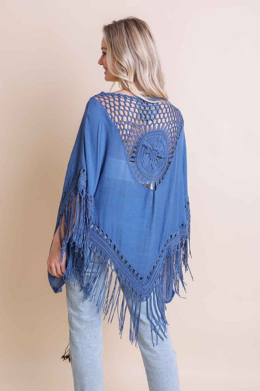 Crochet Medallion Tassel Kimono Mid Length Loose Fit Mid Sleeve Polyester