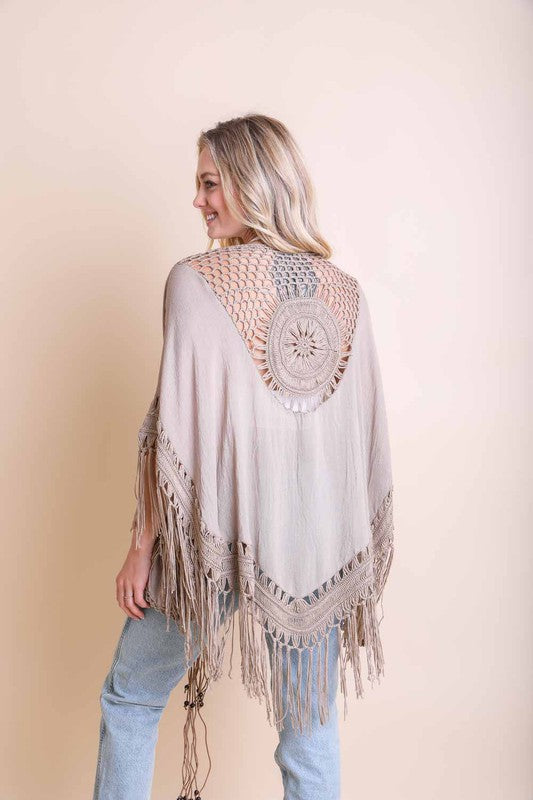 Crochet Medallion Tassel Kimono Mid Length Loose Fit Mid Sleeve Polyester