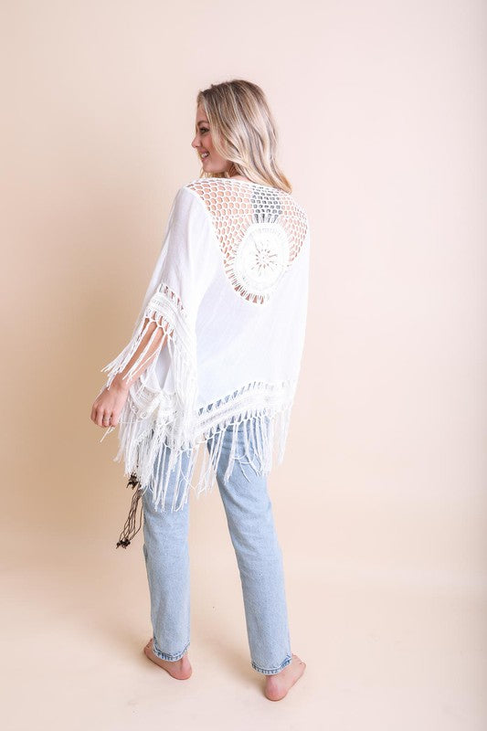 Crochet Medallion Tassel Kimono Mid Length Loose Fit Mid Sleeve Polyester