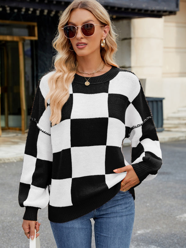 Acrylic Checkered Machine Washable Round Neck Long Sleeve Sweater