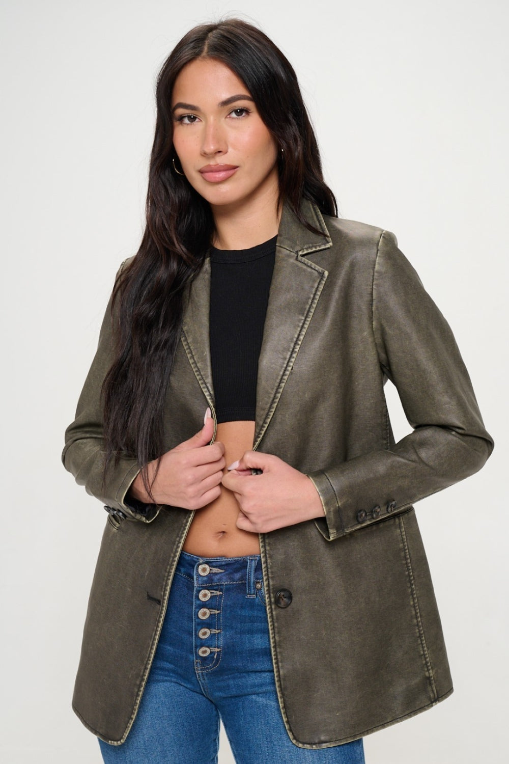 Coalition LA Women's Vegan Leather Blazer Single-Breasted Suit Jacket