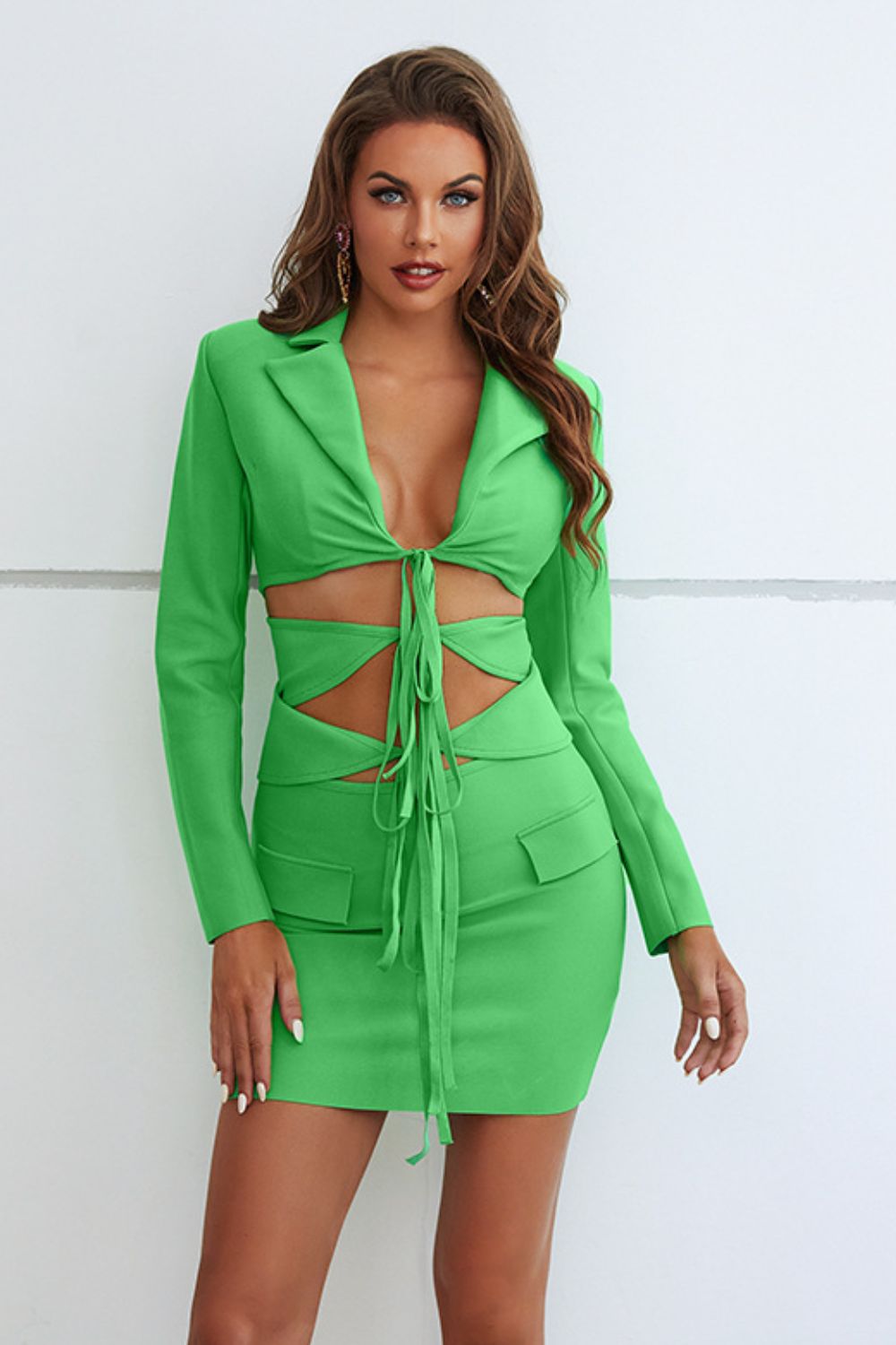 Cutout Tied Blazer & Skirt Set Edgy Sophisticated SuitRegular Sizing