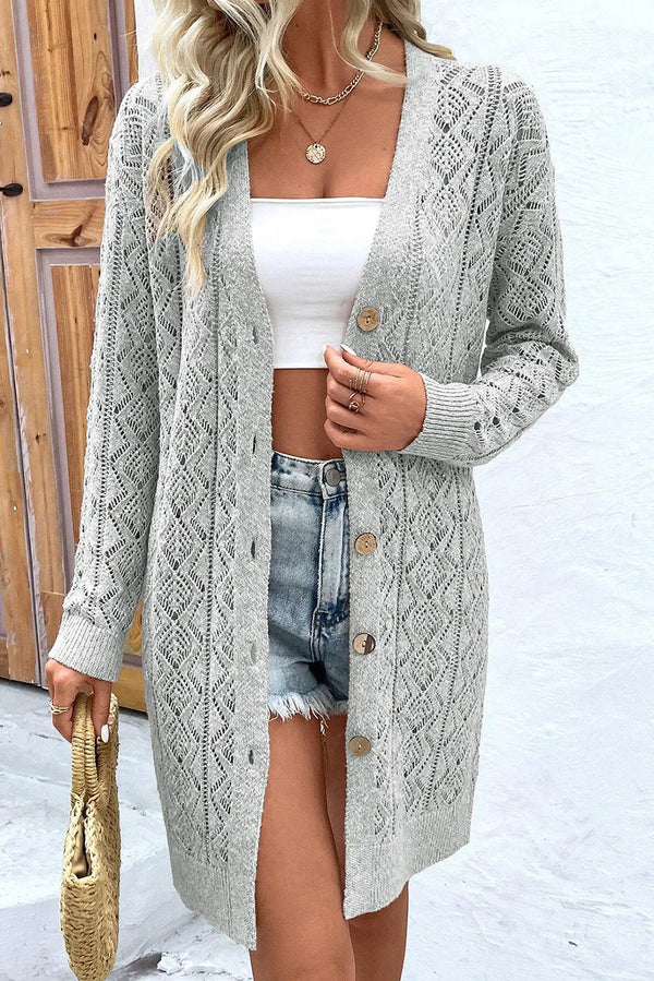 Acrylic Openwork Buttoned Long Sleeve Cardigan with Slight Stretch