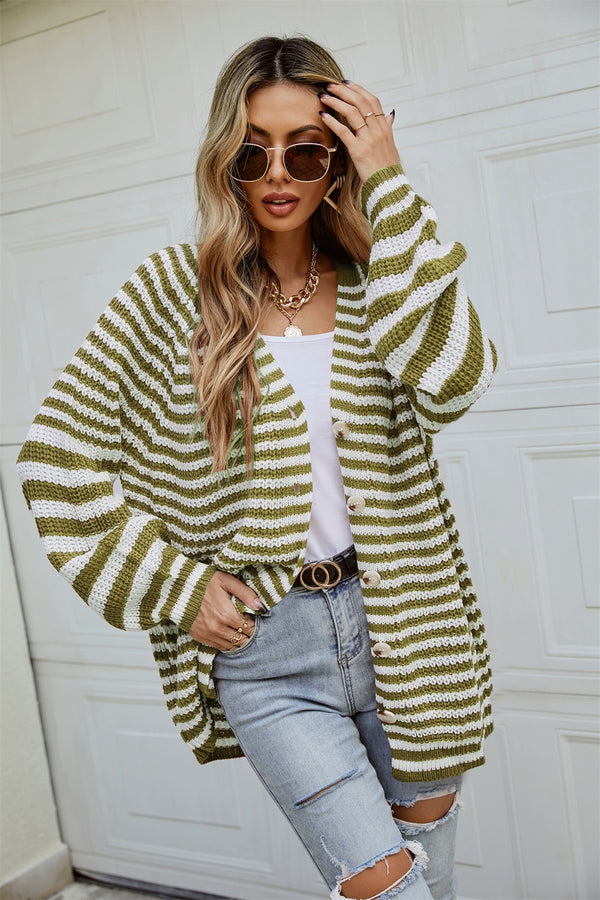 Acrylic Striped Buttoned Long Sleeve Cardigan with Moderate Stretch