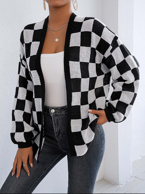 Checkered Open Front Long Sleeve Cardigan 100% Polyester Slightly Stretchy