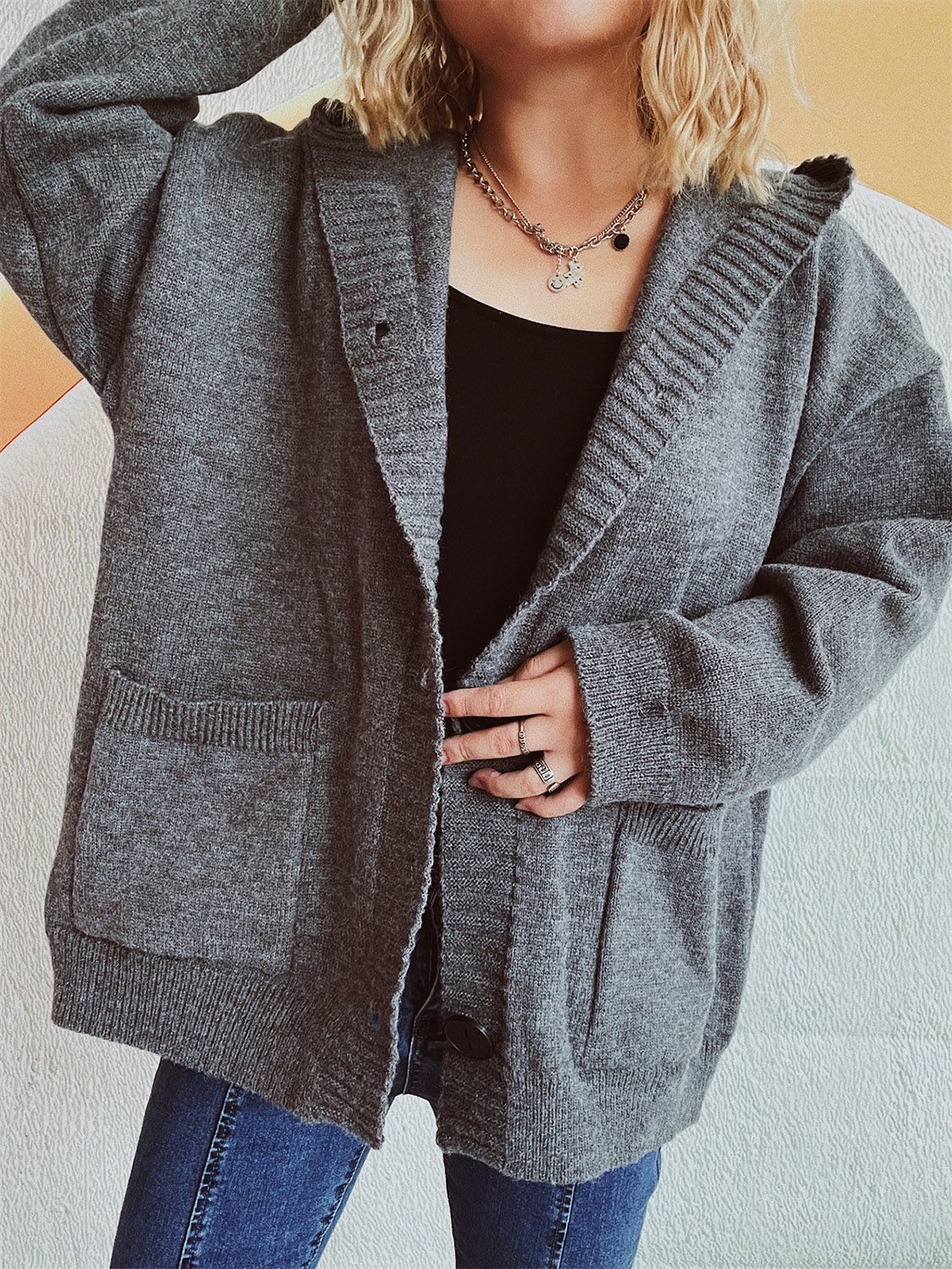 Dropped Shoulder Long Sleeve Hooded Cardigan