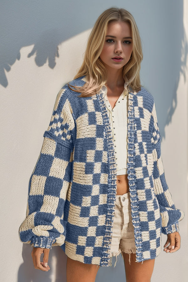 Relaxed Fit Checkered Cardigan with Drop Shoulders and Open Front