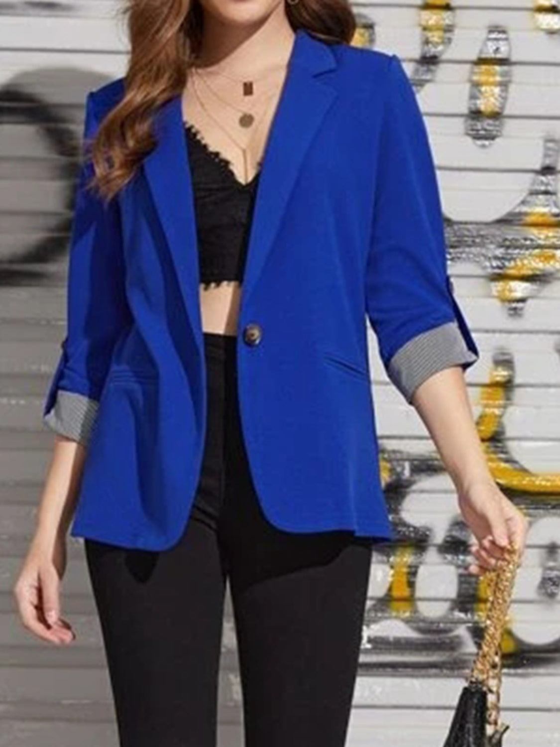 Lapel Collar Roll-Tab Sleeve Blazer Women's Comfortable Polyester-Spandex, S-XL