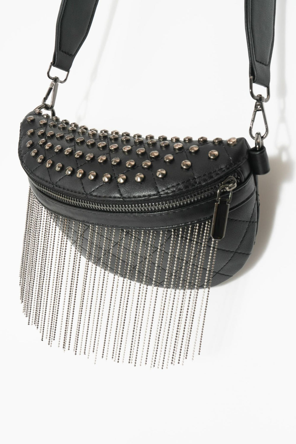 Adored Vegan Leather Studded Sling Bag with Fringes - Edgy Elegance for the Free Spirit!