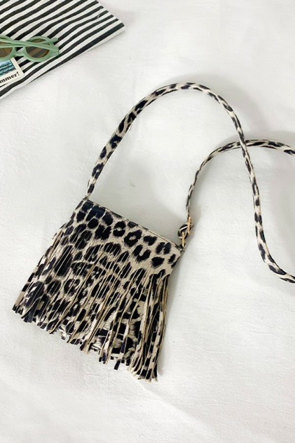 Vegan Leather Crossbody Sling Bag with Fringe and Leopard Pattern