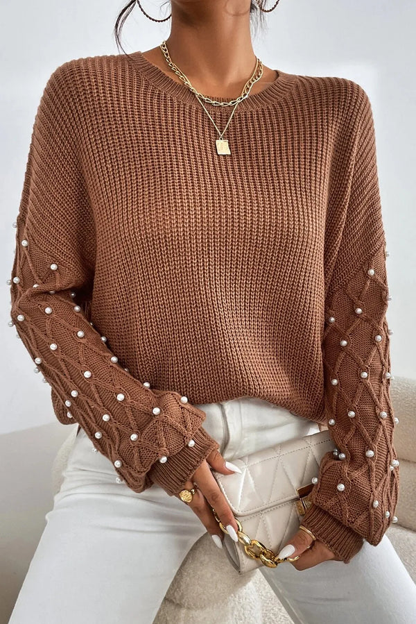 Pearl Detail Long Sleeve Stretch Knit Acrylic Cotton Round Neck Sweater