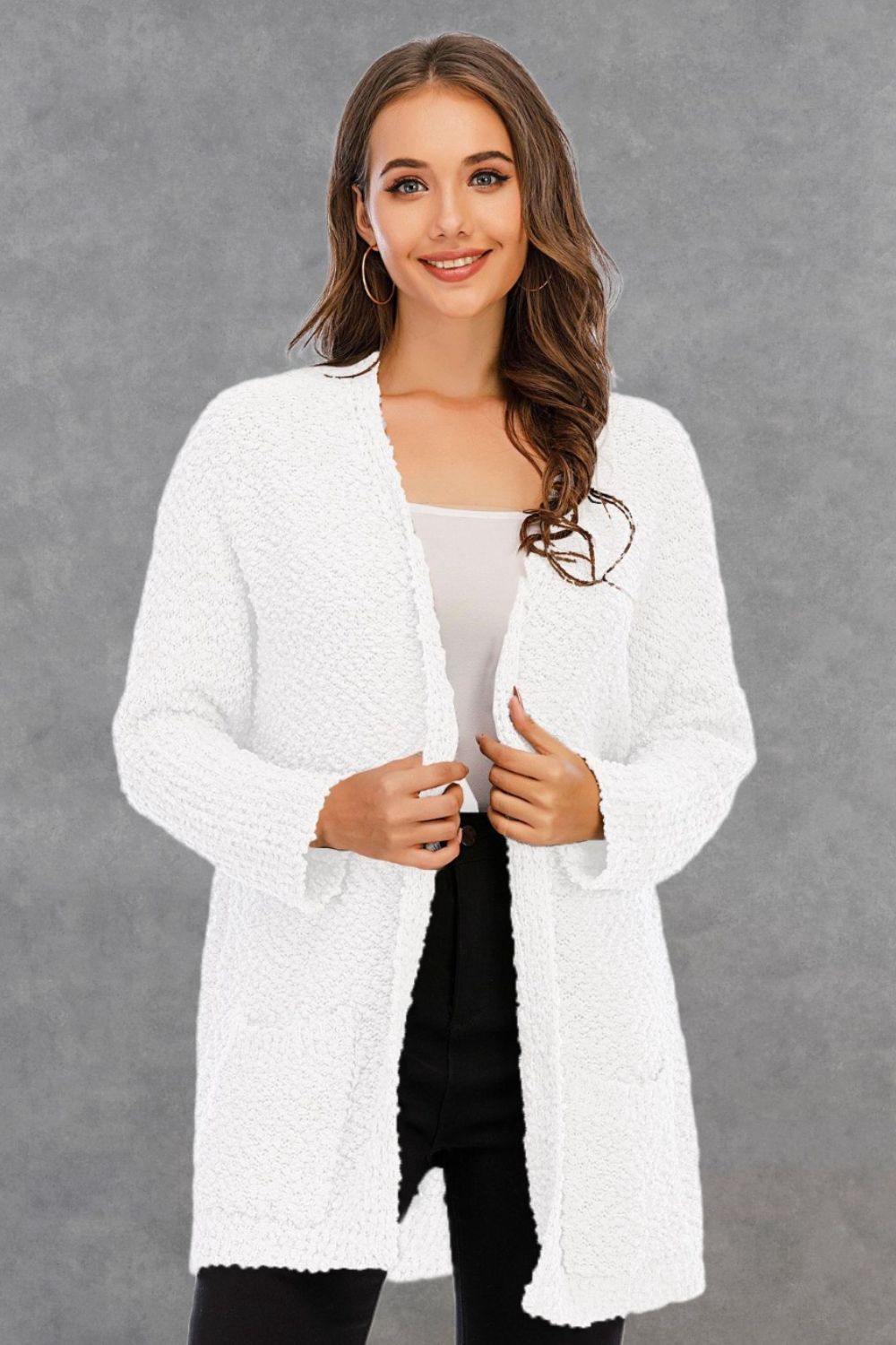 Angel Wings Pocketed Open Front Cardigan, Women's 100% Polyester, Relaxed Fit