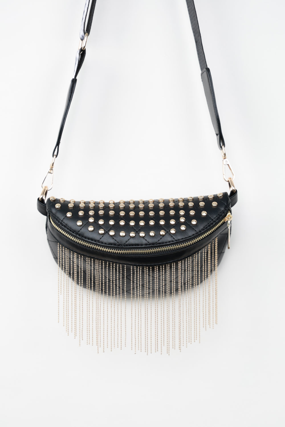 Adored Vegan Leather Studded Sling Bag with Fringes - Edgy Elegance for the Free Spirit!