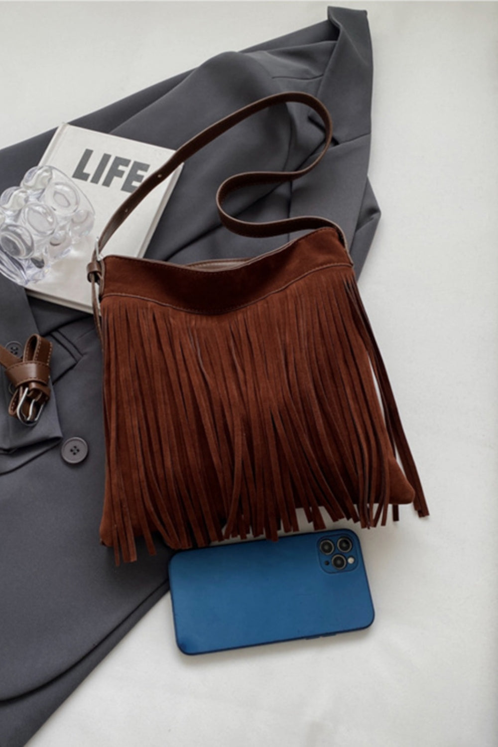 Suede Vegan Leather Fringe Adjustable Strap Shoulder Bag - An everyday companion!