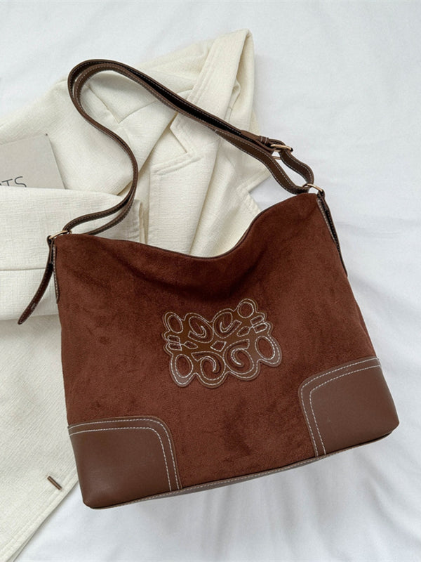 Vegan Leather Tote Bag with Adjustable Strap and Suede Patch Accent