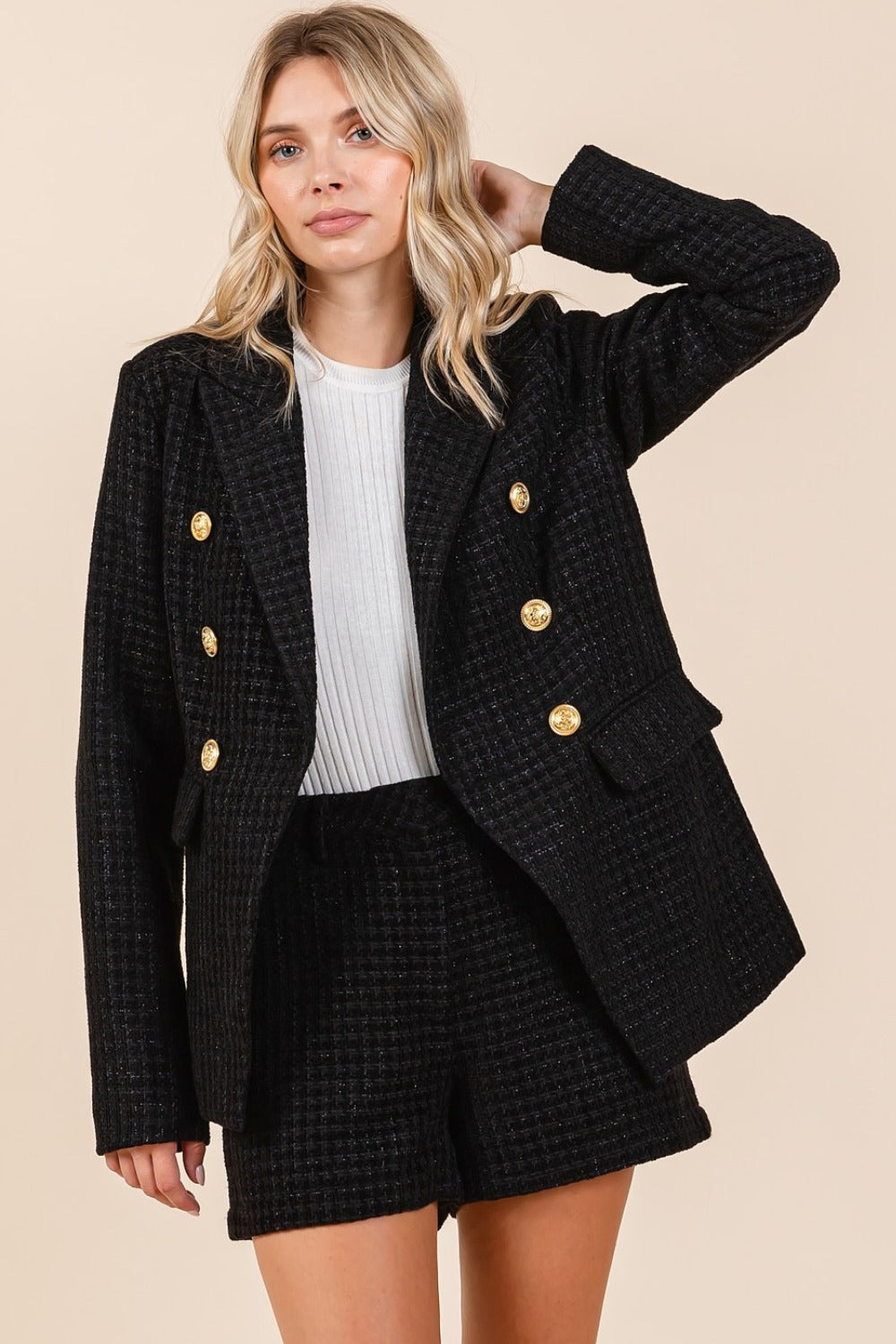 Blazer Jacket Women's Plaid Texture Double-Breasted Long Sleeve Cardigan