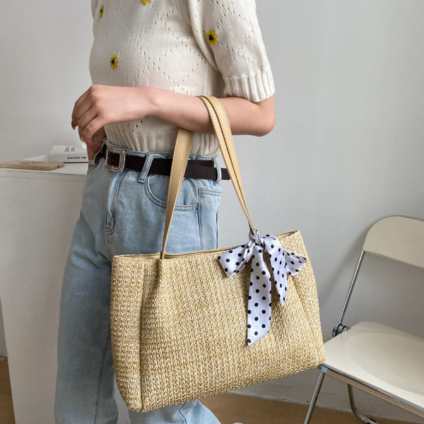 Medium Straw Handbag with Leather Strap, Ribbon, and Polyester Lining