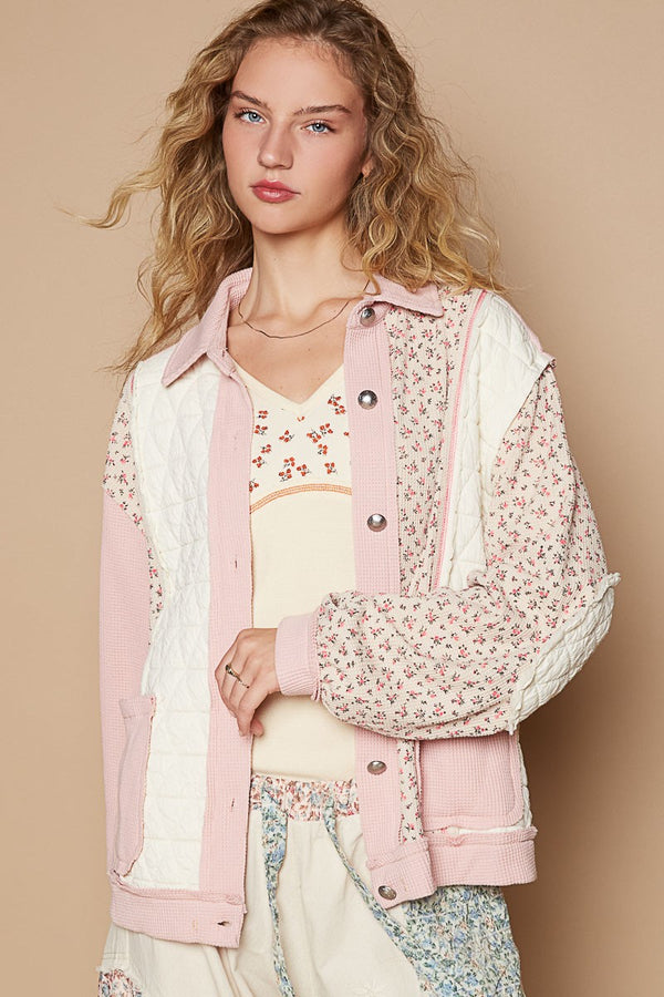 Floral Quilted Jacket with Exposed Seams and Buttons