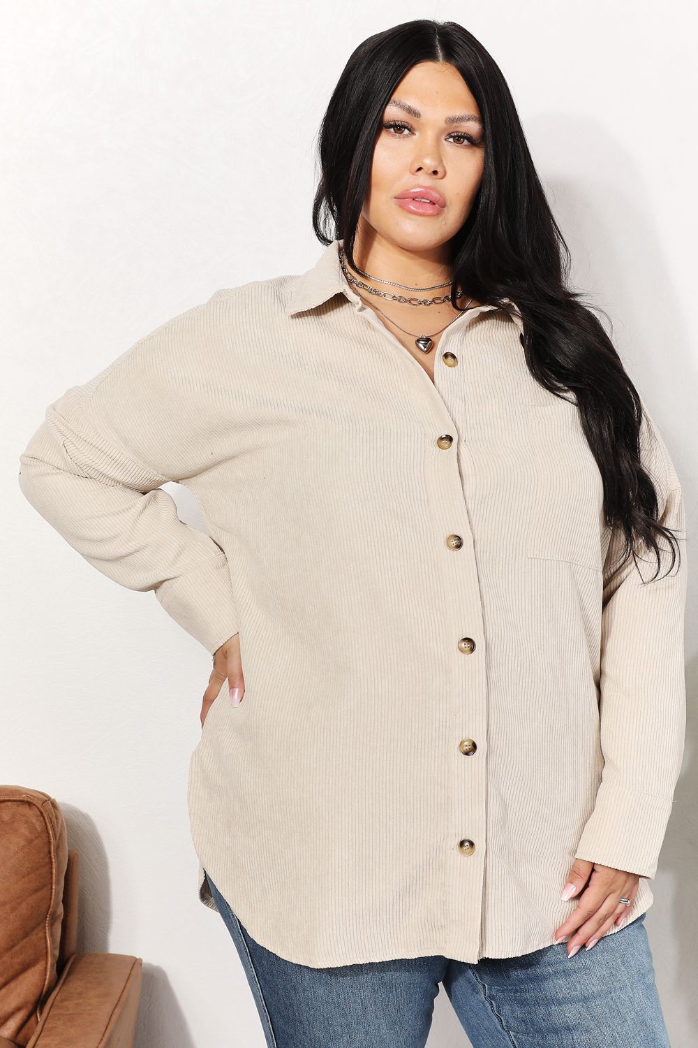 Women's Corduroy Tunic Shirt with Bust Pocket & Oversized FitNew