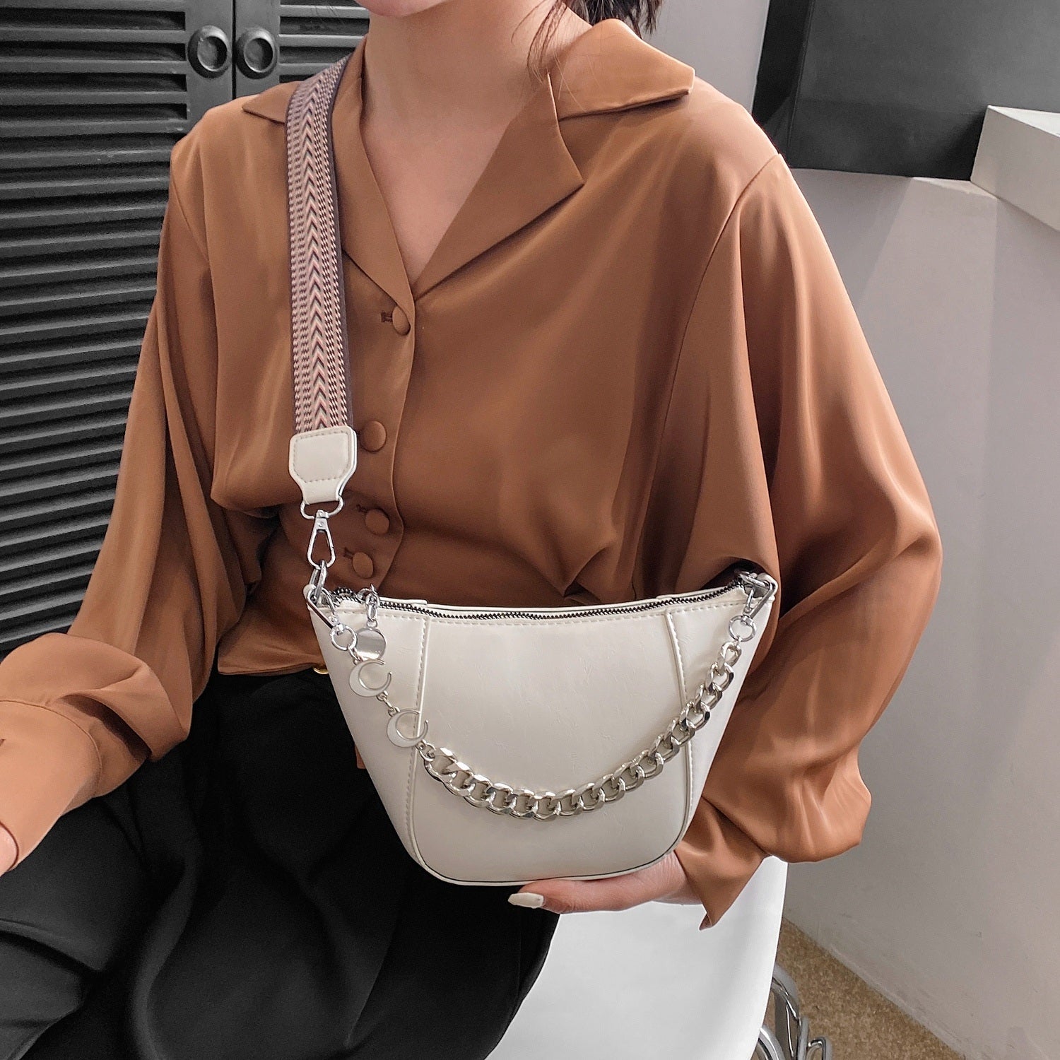 Vegan Leather Chain Trim Crossbody Bag - For those Casual Outings!