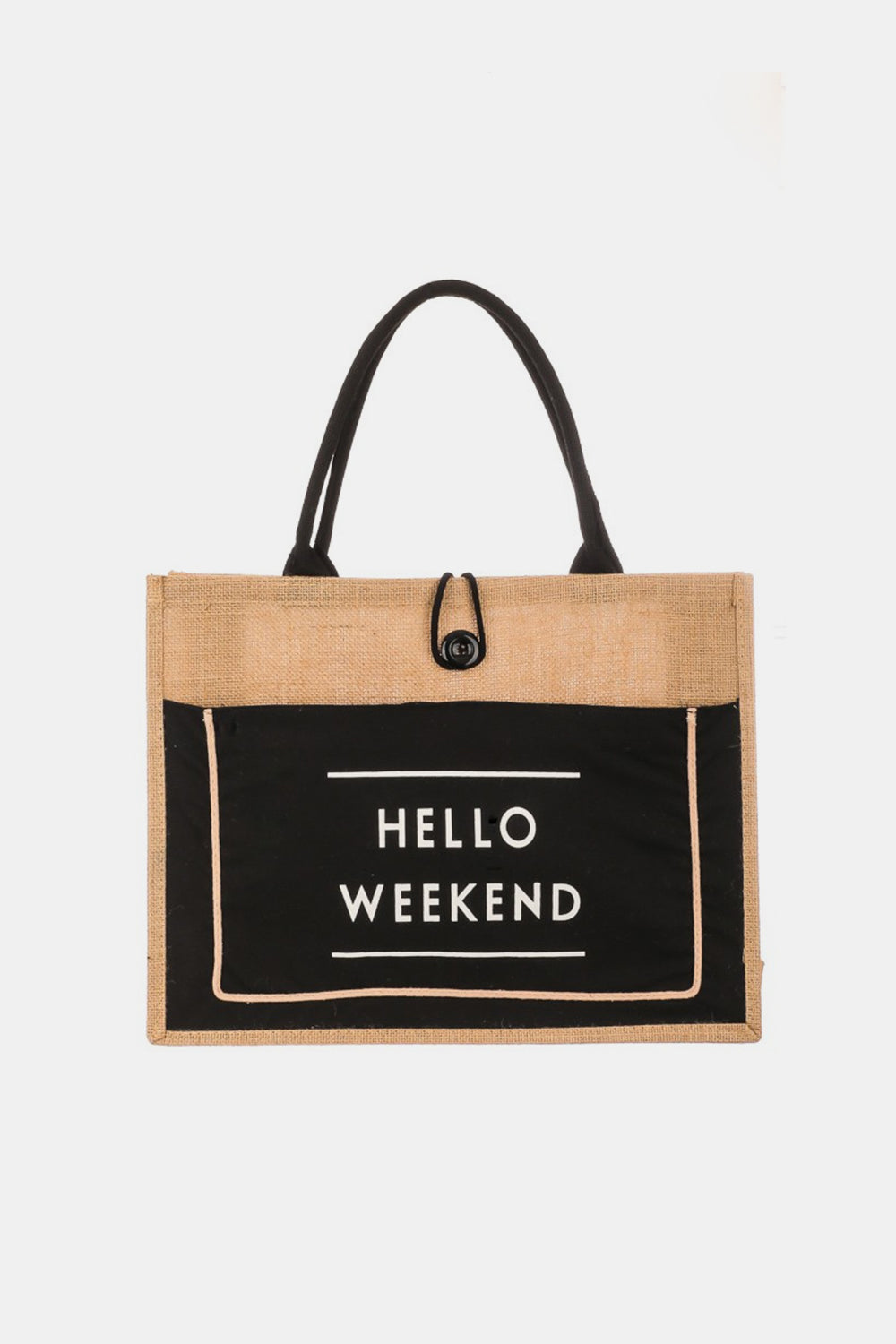 Fame Hello Weekend Burlap Tote Bag - Versatile and practical!