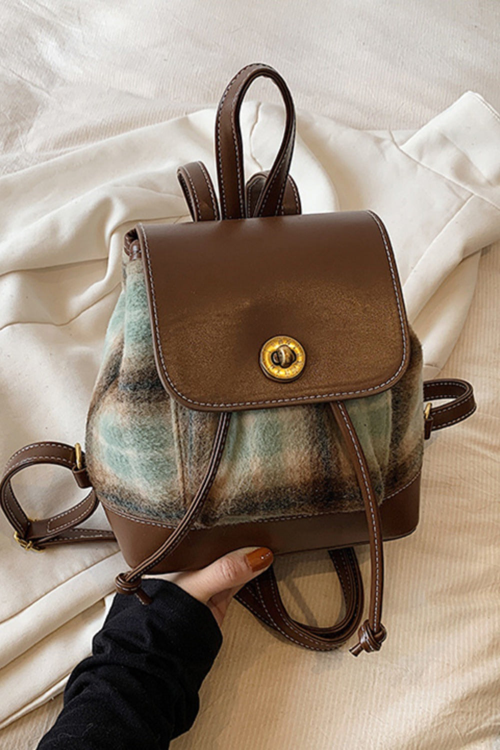 Vegan Leather Drawstring Plaid Backpack Bag - Effortless Portability!