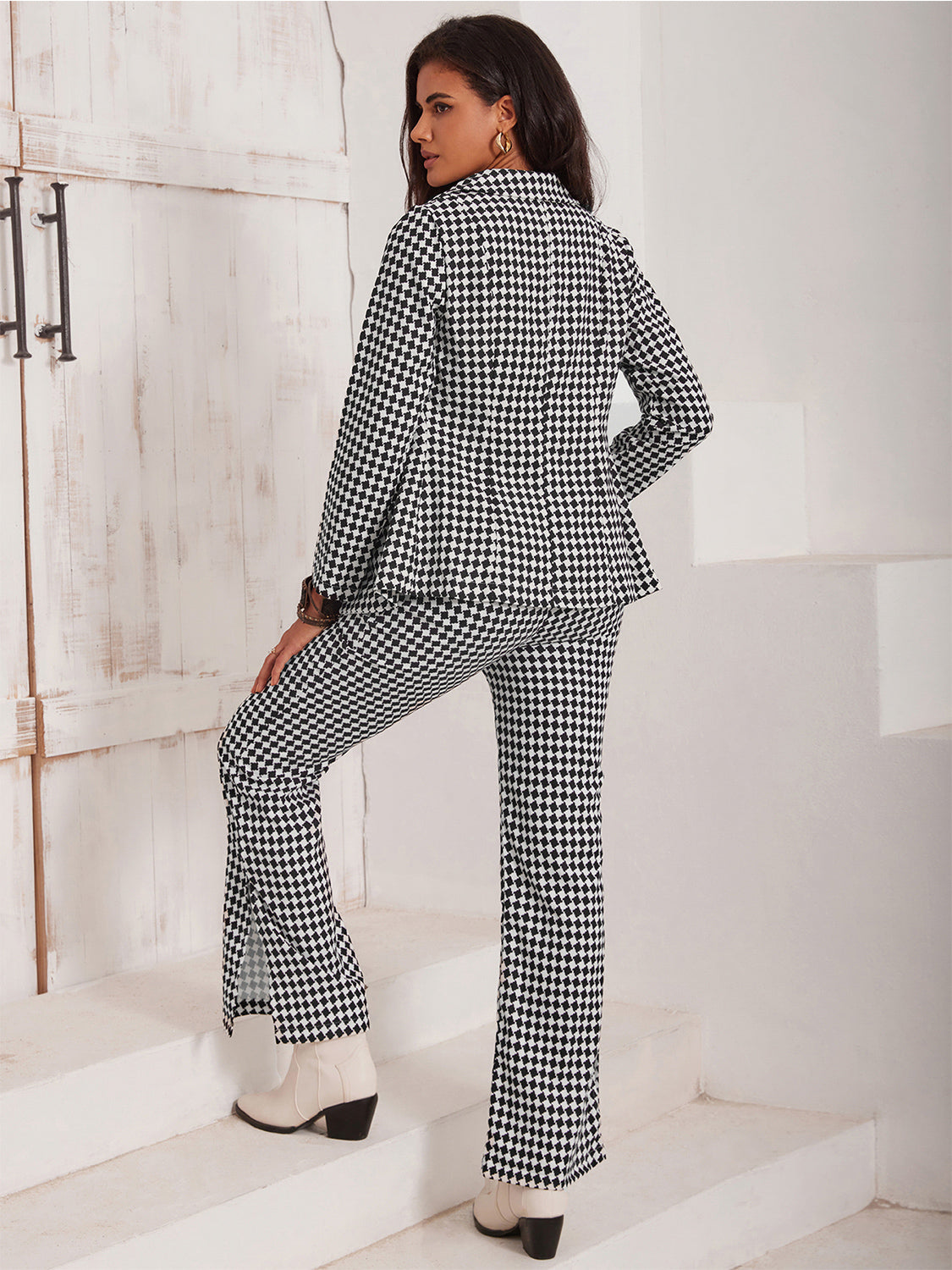 Women's Checkered Blazer & Slit Pants Set Suit Jacket & Trousers