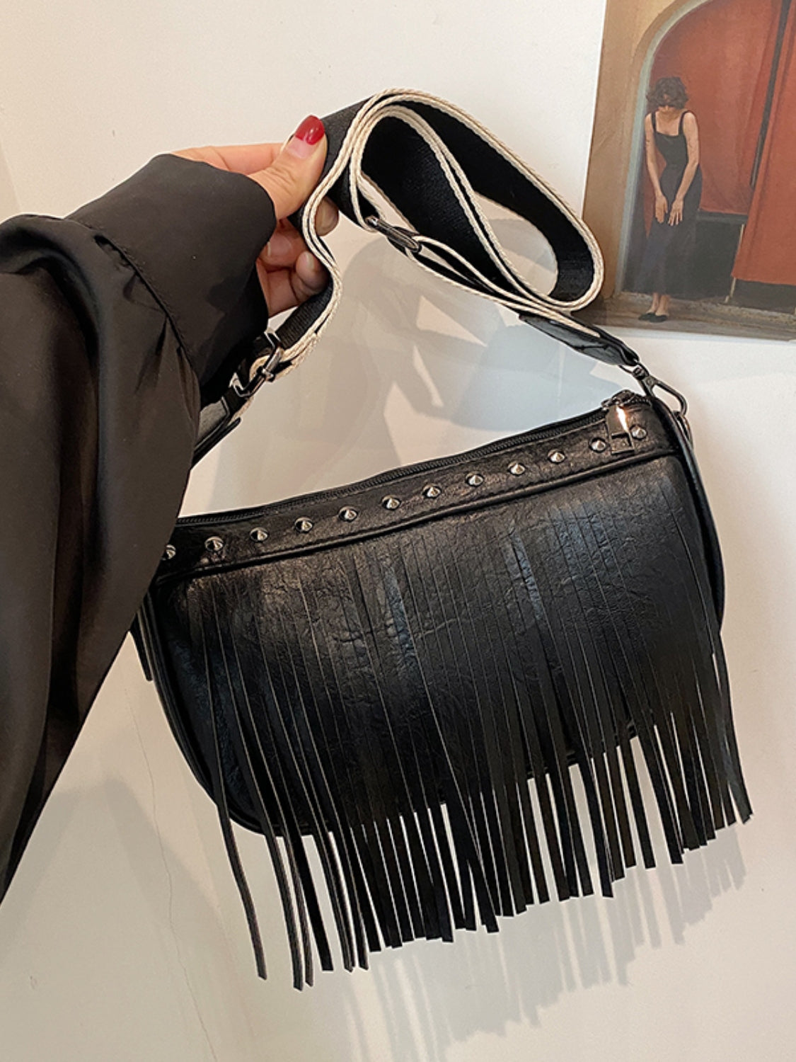 Vegan Leather Fringe Studded Crossbody Bag - Turn heads with this chic bag!