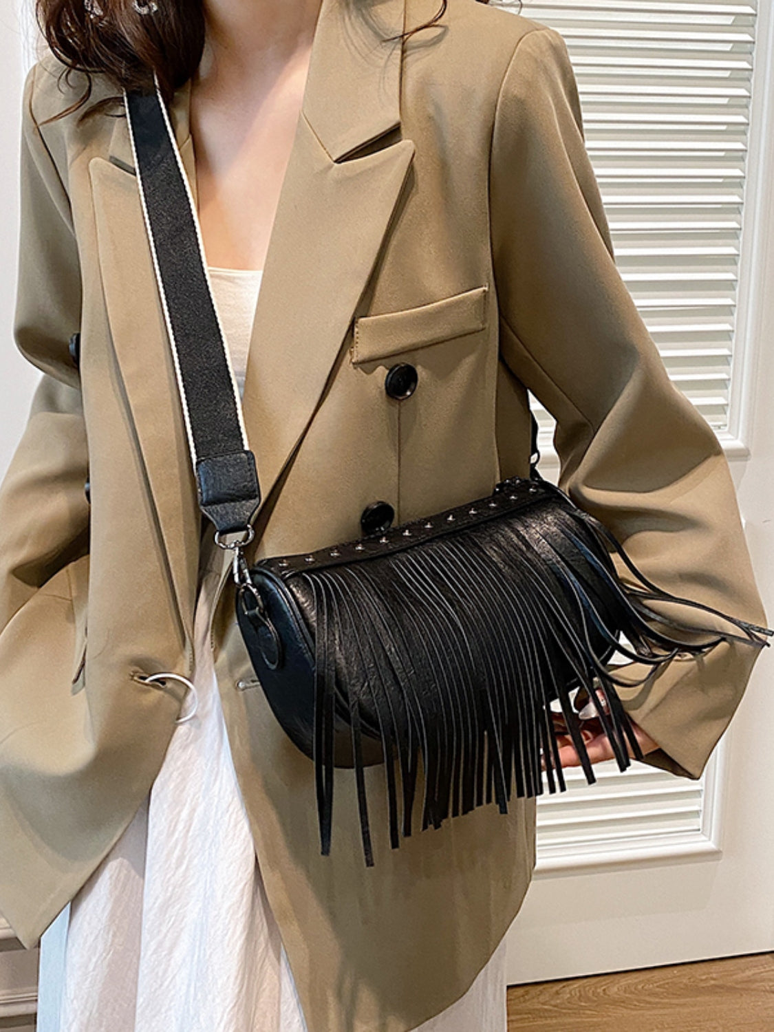 Vegan Leather Fringe Studded Crossbody Bag - Turn heads with this chic bag!