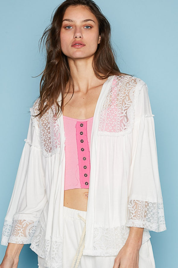 Open Front Lace Cardigan with 3/4 Bell Sleeves and Frayed Edges