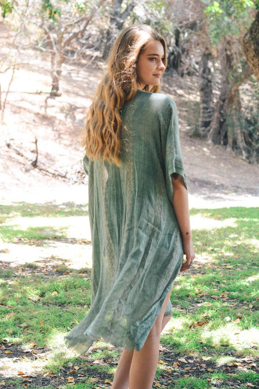 Woven Long Line Tribal Kimono for Women with Short Sleeves and Knee-Length