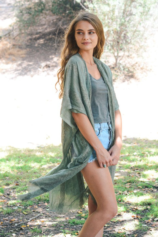 Woven Long Line Tribal Kimono for Women with Short Sleeves and Knee-Length