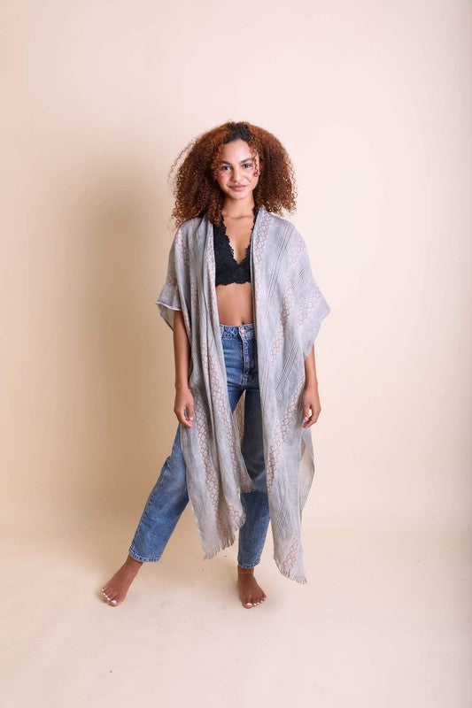 Woven Long Line Tribal Kimono for Women with Short Sleeves and Knee-Length